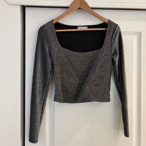 Express Silver Metallic Square-Neck Long Sleeve Crop Top